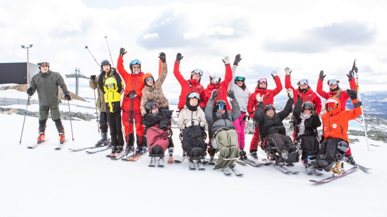 En grupp glada skidåkare, några stående och några i sitskis, poserar på en snötäckt fjälltopp.