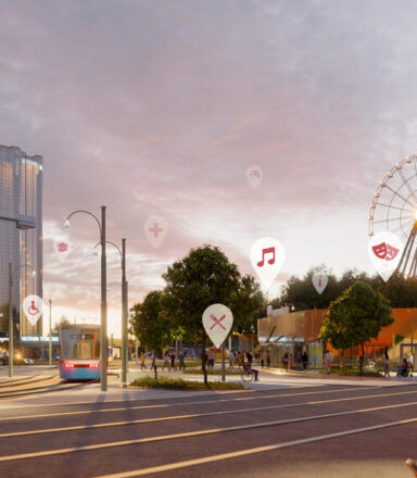 Ett digitalt collage över Korsvägen i Göteborg med hotell, Liseberg och olika digitala informationspunkter på vyn.