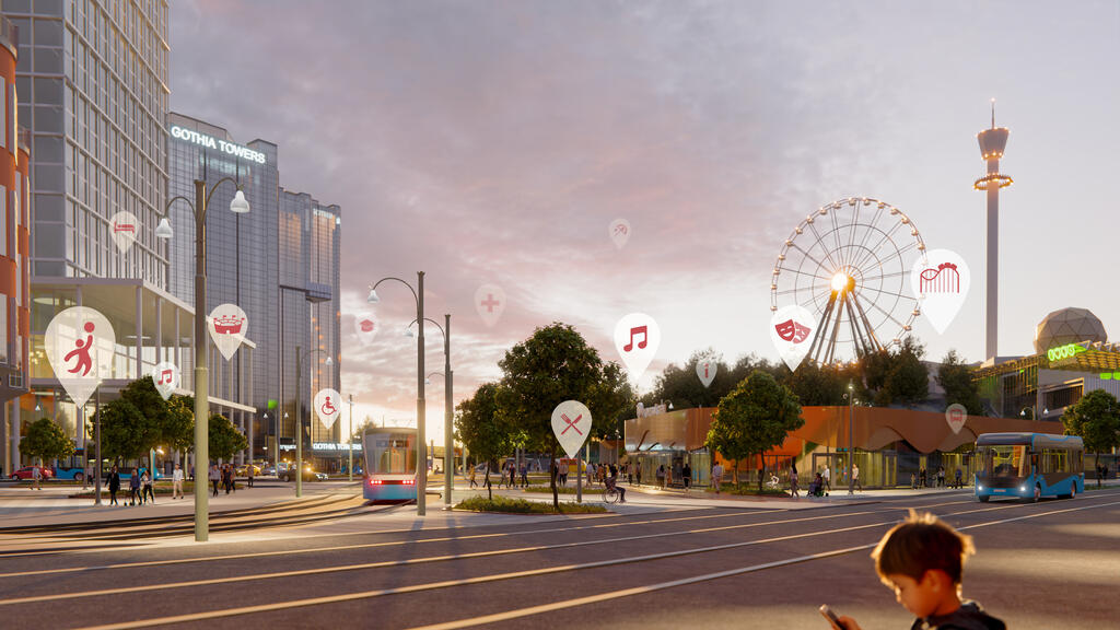 Ett digitalt collage över Korsvägen i Göteborg med hotell, Liseberg och olika digitala informationspunkter på vyn.